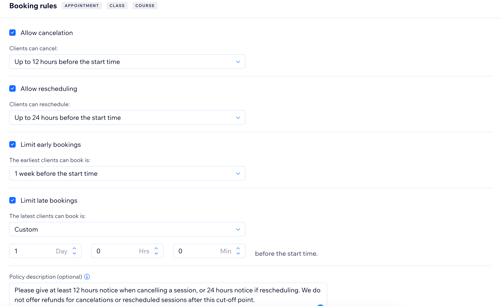 Screenshot showing a sample set of Booking Rules in a booking policy in the site dashboard.