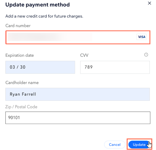 Une capture d'écran montrant comment mettre à jour le moyen de paiement d'un client en son nom.