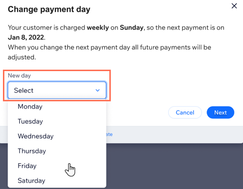 Screenshot showing how to change the payment day on a weekly subscription.