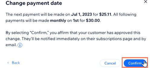 Screenshot showing the summary of an updated payment date.