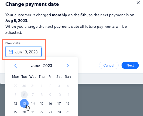 screenshot showing how to change the payment date by clicking on the new date in the calendar.