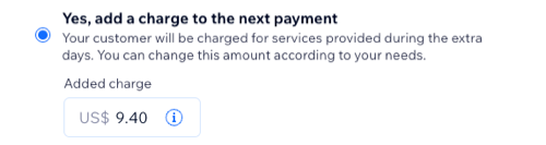 Screenshot showing how to add a custom charge to an upcoming subscription payment after a change in payment day.