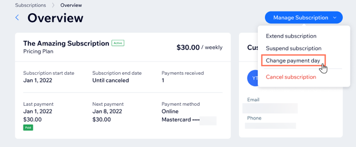 Capture d'écran montrant l'option de modification de la date de paiement sur un abonnement