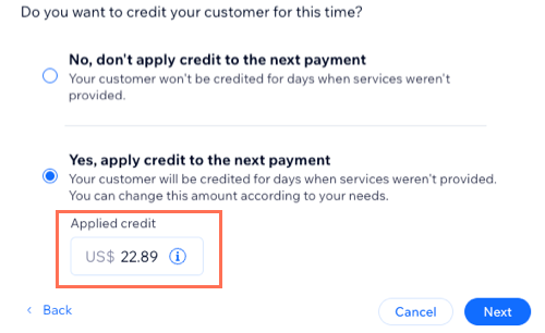 Screenshot showing a custom credit amount applied to an upcoming payment.