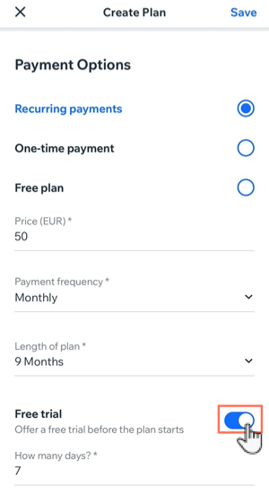Screenshot showing how to add a free trial at the start of a recurring plan on the Wix Owner app.