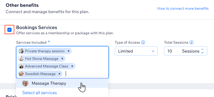 Screenshot showing how to add Bookings services to your pricing plan.