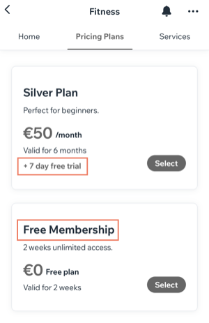 Screenshot showing a recurring plan with a 7-day free trial and a Free membership on the Wix Owner app.