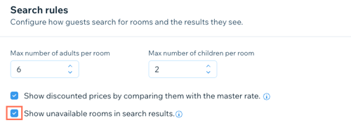 Screenshot showing the Show unavailable rooms in search results checkbox in reservation settings in the dashboard.