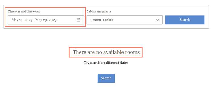 Screenshot showing the no available rooms error on the Booking Engine on a live site.