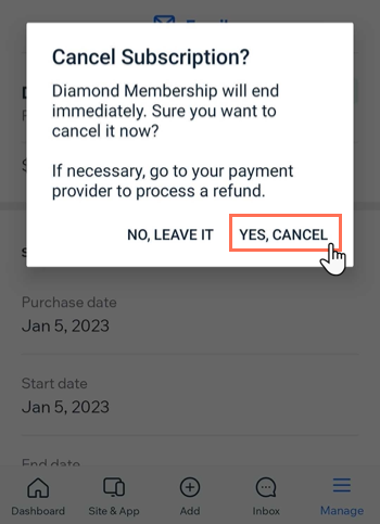 Screenshot showing how to cancel subscriptions from the Wix owner app.