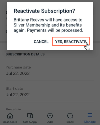 Screenshot showing how to reactivate a suspended plan in the Wix Owner app.