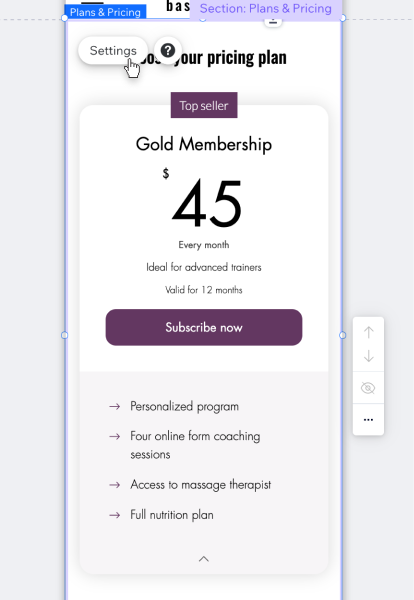 Screenshot showing how to edit the pricing plans widget on mobile.