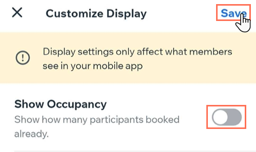 Screenshot showing the disabled Show Occupancy toggle in the Wix owner app.