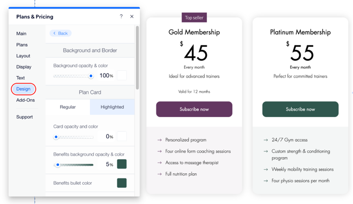 Capture d'écran montrant comment personnaliser le design du widget Formule de paiement dans l'Éditeur.