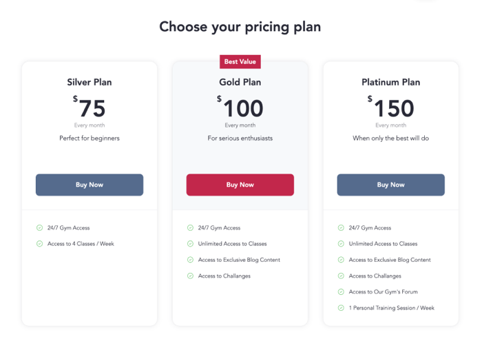 Três planos pagos diferentes com preço e benefícios.