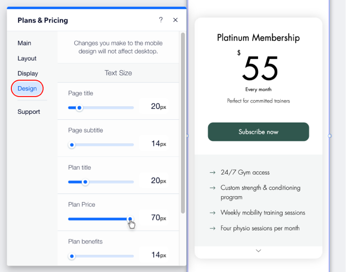 Screenshot che mostra come ridimensionare il testo per i Piani a pagamento su dispositivi mobile