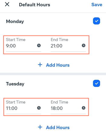 Capture d'écran montrant comment définir vos horaires par défaut dans l'appli Wix Owner.