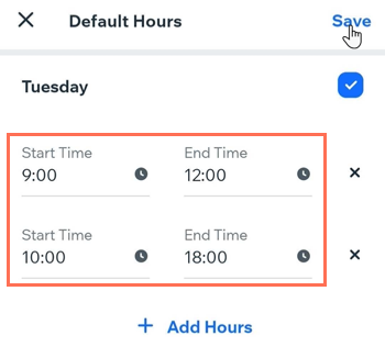 Screenshot showing how to add different periods of opening hours on the same day in the Wix Owner app.