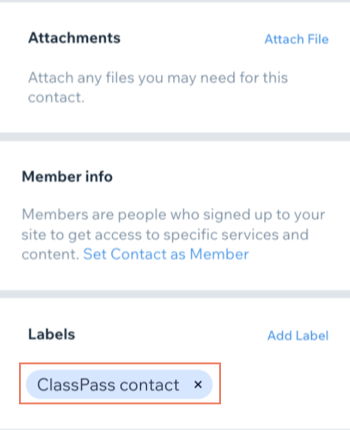 Capture d'écran montrant le libellé de contact Classpass sur une carte de contact dans le tableau de bord.