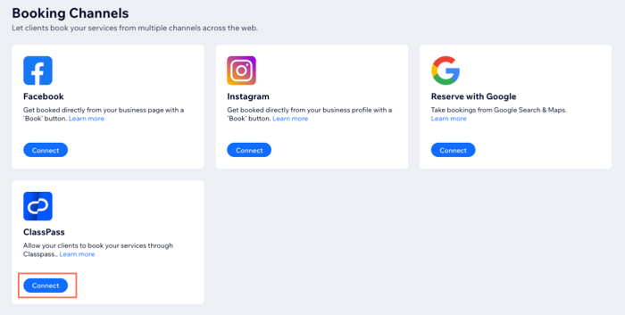 Screenshot showing how to connect ClassPass in the Booking Channels section of the dashboard.