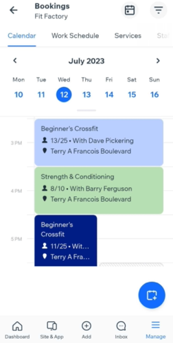 A screenshot showing the Calendar by day view in the Booking Calendar on the Wix owner app.