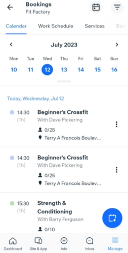 A screenshot showing the schedule view in the Booking Calendar on the Wix Owner app.