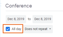 A screenshot showi9ng an all-day event in a google calendar that won't appear in the Booking Calendar.