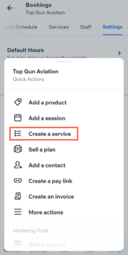 A screenshot showing how to access the Quick Actions menu to create a service.