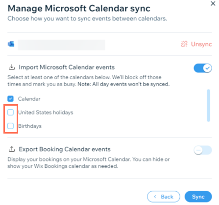 A screenshot showing how to view the Microsoft calendars you have synced in the Booking Calendar.