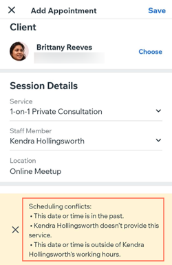 A screenshot showing various scheduling conflicts when creating an appointment in the Owner app.