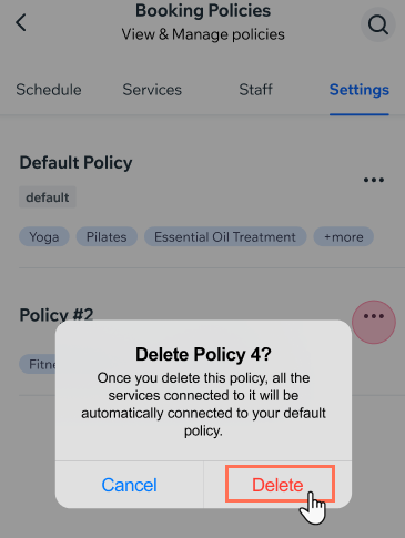 A screenshot showing how to delete a Booking policy on the Wix owner app.