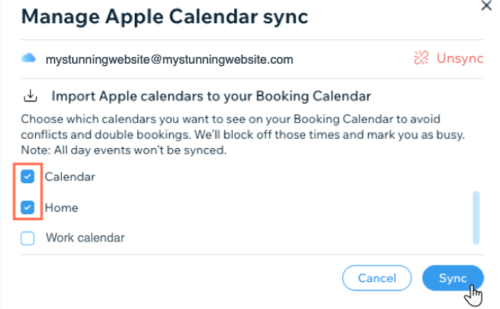 Capture d'écran montrant des agendas spécifiques à synchroniser avec Wix Bookings depuis l'agenda Apple