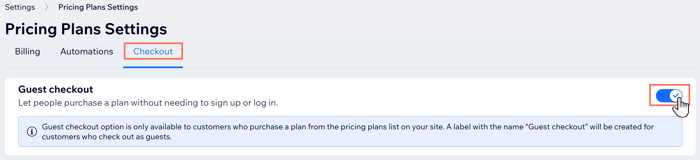 A screenshot of the pricing plans settings page where you can enable guest checkout