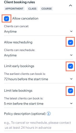 A screenshot showing how to set the client booking rules in a Booking policy on the wix owner app.