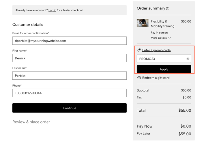 A screenshot showing how clients enter a coupon code at checkout.