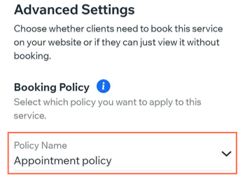 A screenshot showing how to add a service to a Booking policy on the Wix Owner app.