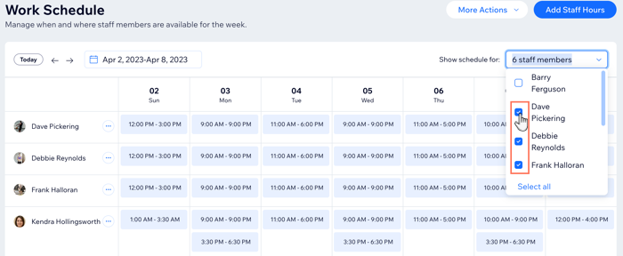 A screenshot showing the work schedule, with different custom hours for different staff members.