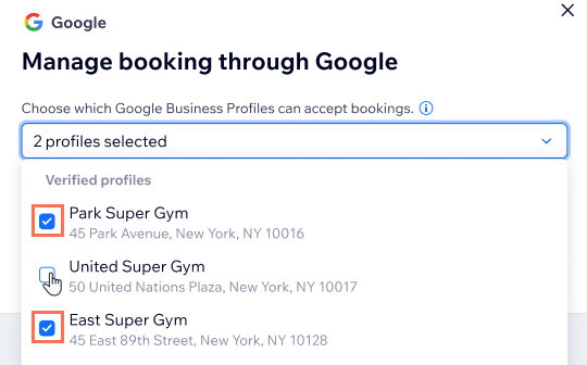 Screenshot, der zeigt, wie du die Google-Unternehmensprofile aktualisierst, die du mit Wix Bookings verknüpft hast