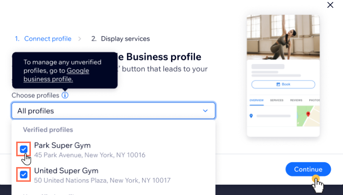 A screenshot showing how to select the relevant Google business profiles you want to connect.