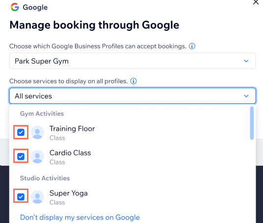 Une capture d'écran montrant comment gérer les services que vous connectez à votre bouton de réservation Google.