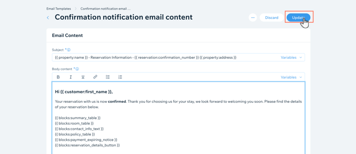 Screenshot che mostra un template di email aggiornato, incluse variabili aggiuntive e contenuto di testo