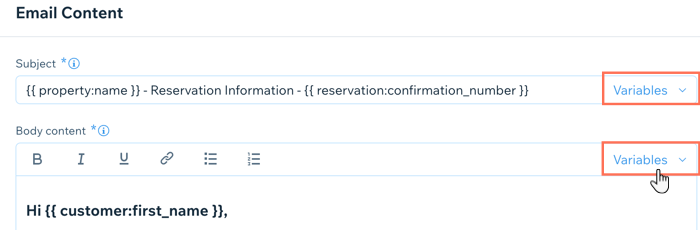 A screenshot showing how to add variables to the subject line and body of your automated emails.