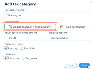 A screenshot showing how to set up a new tax category in the Wix hotels by HotelRunner dashboard.