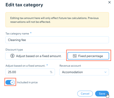 A screenshot showing how to edit an existing tax category in the dashboard.