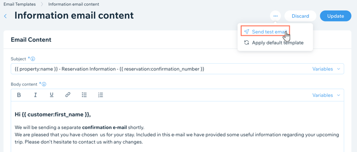 A screenshot showing how to send a test email from the Email templates section of the Wix Hotels by HotelRunner dashboard.