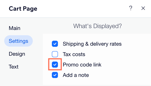 A screenshot showing how to enable the promo code link on your cart page in the editor.