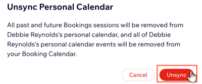 A screenshot showing how to unsync a staff member's personal calendar.