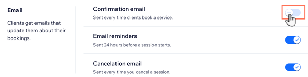 A screenshot showing how to disable confirmation emails in the bookings settings section of the dashboard.