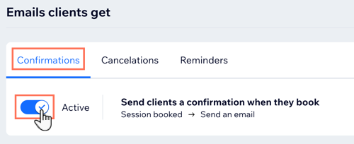 A screenshot showing how to activate your automated confirmation emails from booking settings in the dashboard.