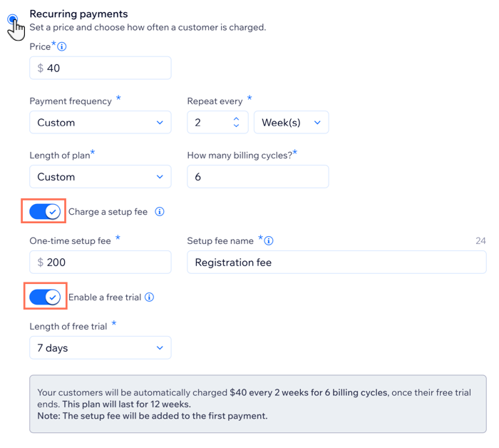 Uma captura de tela mostrando como configurar um plano recorrente com uma frequência personalizada, taxa adicional e período gratuito.